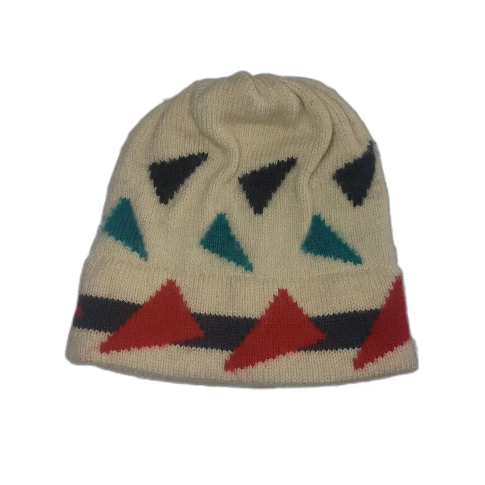 Vermont Needlecrafts Vintage Winter Wool Beanie Hat Ivory with Geometric Print